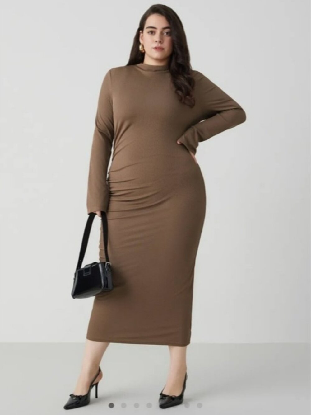 Cider Ribbed Long-Sleeve Midi Dress in Brown